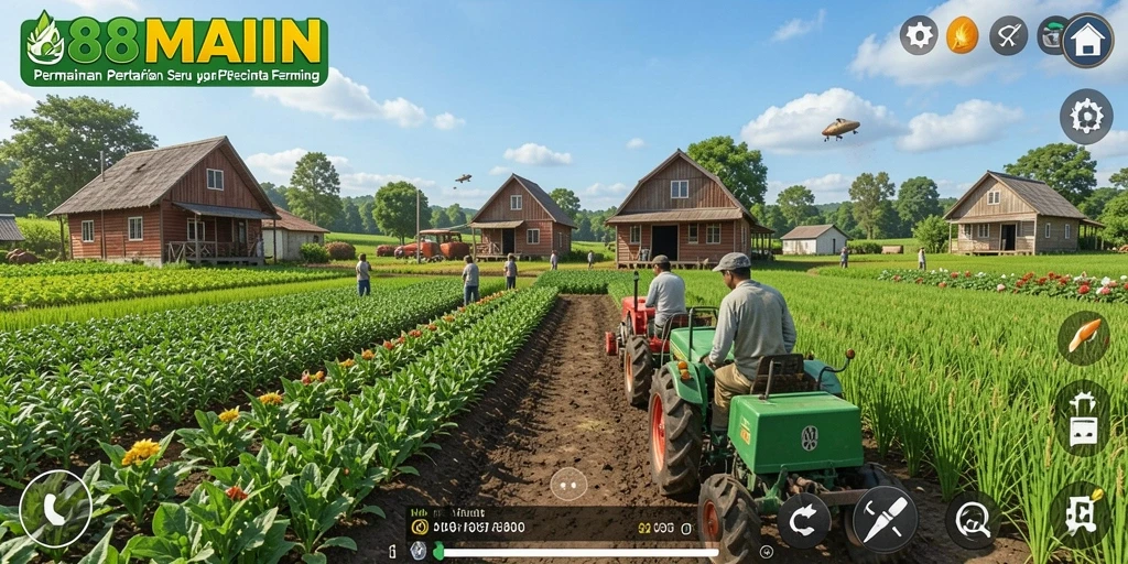 Screenshot gameplay 88MAIN yang menampilkan ladang subur dan beragam tanaman.