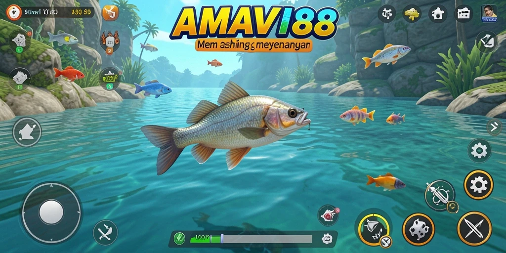 Screenshot gameplay AMAVI88 menunjukkan aksi memancing yang seru.
