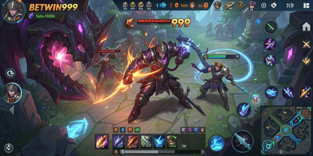 Screenshot BETWIN999 menampilkan pertarungan intens di arena MOBA.