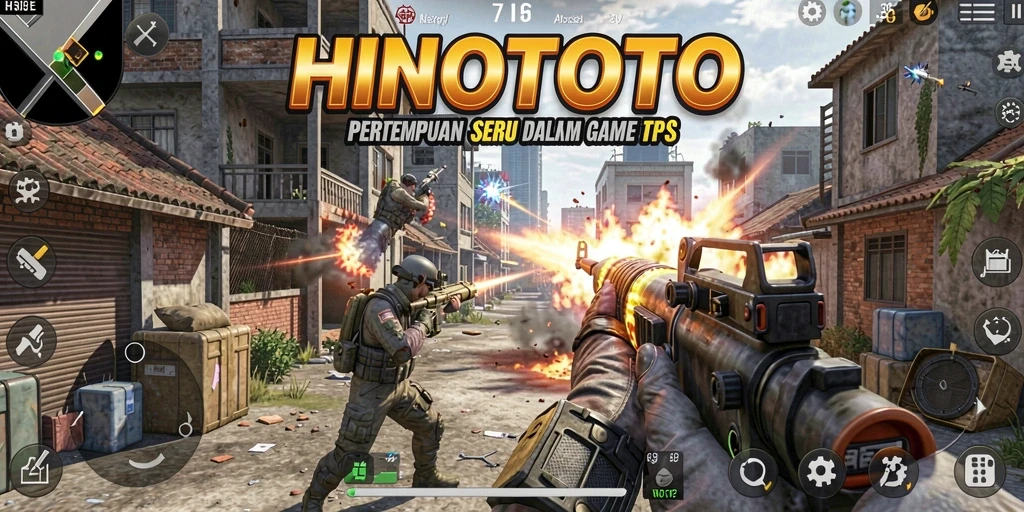 Screenshot gameplay HINOTOTO menampilkan aksi seru dalam pertempuran TPS.