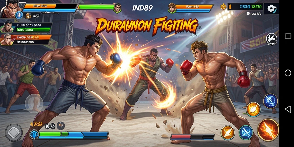 Screenshot IND89 menampilkan karakter bertarung di arena yang memukau.