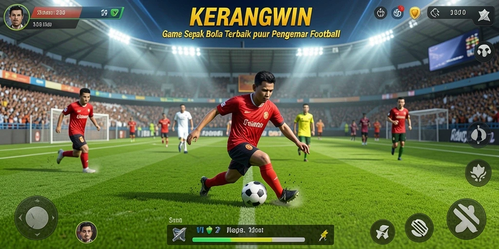 Tampilan gameplay seru dalam KERANGWIN saat mengatur strategi tim sepak bola.