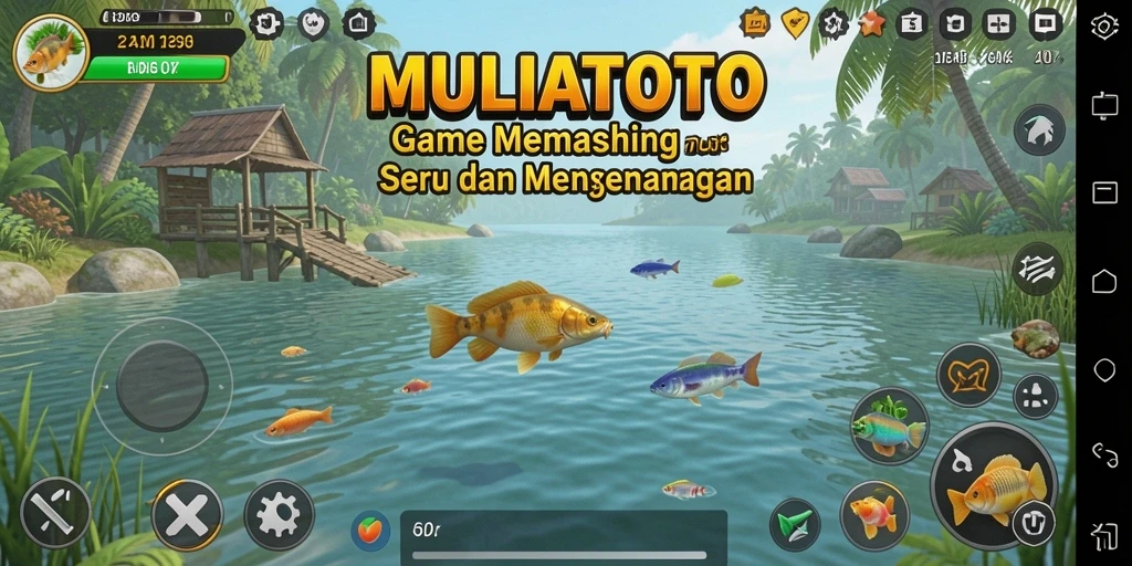 Screenshot MULIATOTO menunjukkan pemain menangkap ikan di lokasi indah.