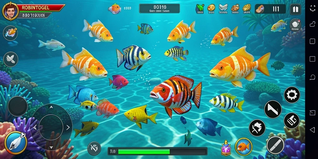 Screenshot menunjukkan gameplay seru dalam <strong>ROBINTOGEL</strong> dengan berbagai ikan yang bisa ditangkap.