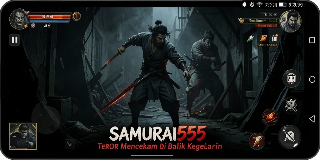 Tampilan gameplay menegangkan di SAMURAI555 dengan makhluk menyeramkan.