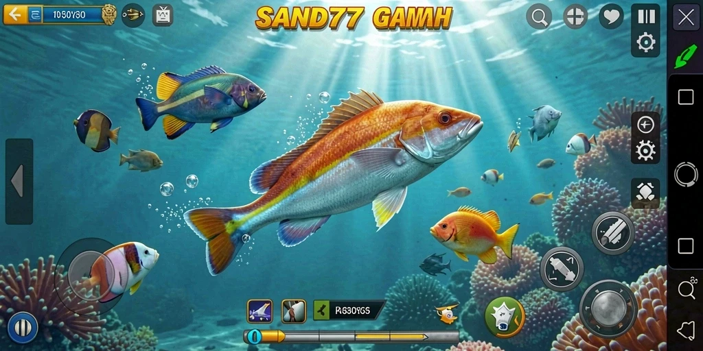 Screenshot gameplay SAND77 yang menarik dengan aksi menembak ikan.