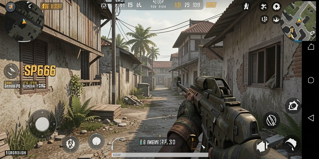 Tangkapan layar gameplay SP666 menunjukkan aksi menegangkan dalam pertempuran FPS.
