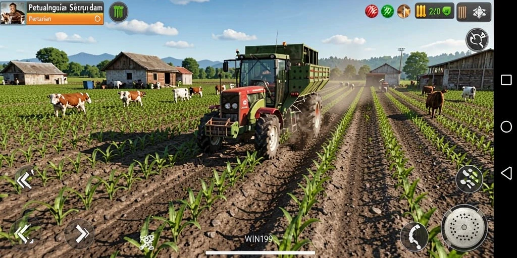 Screenshot gameplay WIN199 menampilkan lahan pertanian yang hijau dan tanaman yang beragam.